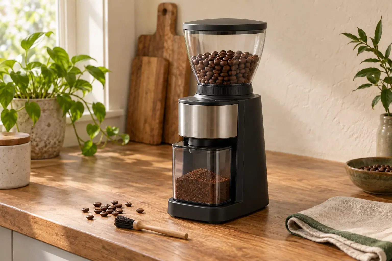 A countertop grinder with beans in its hopper, grounds in its bin and a cleaning brush
