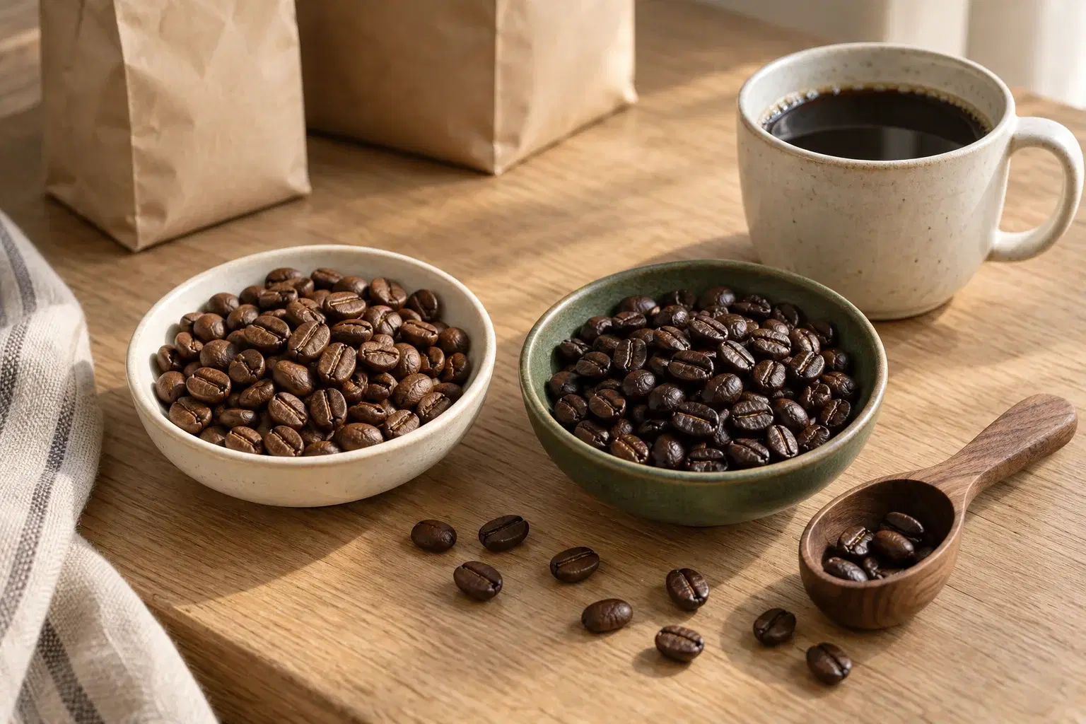 Two bowls of whole coffee beans, plain coffee bags and a cup of black coffee