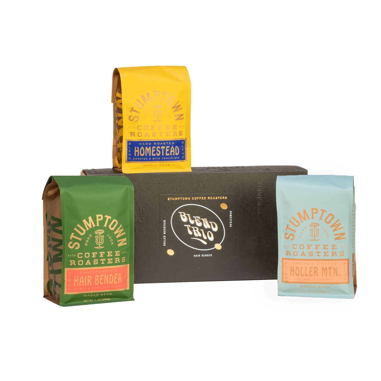 Stumptown Blend Trio gift box with Hair Bender, Holler Mountain and Homestead bags