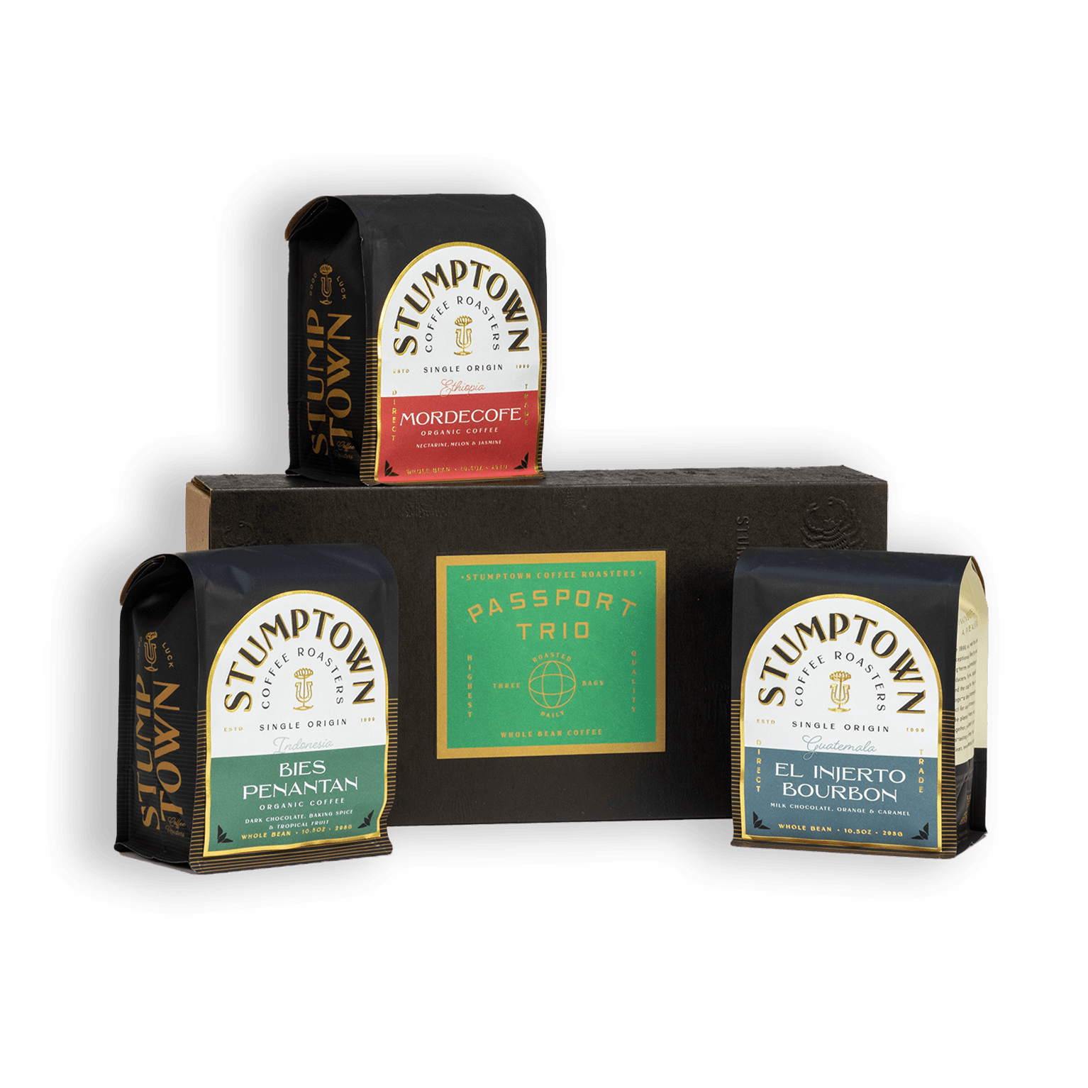 Stumptown Passport Trio gift box with three single-origin coffee bags